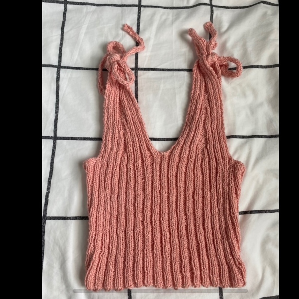 Handmade peach pink knit tank top bow tie shoulder